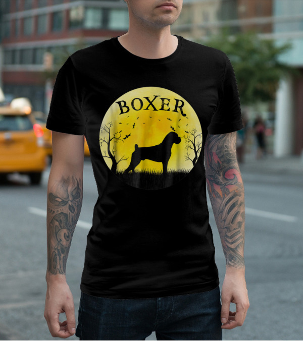 Boxer Dog Full Moon Halloween Bats Trees Vintage T-Shirt
