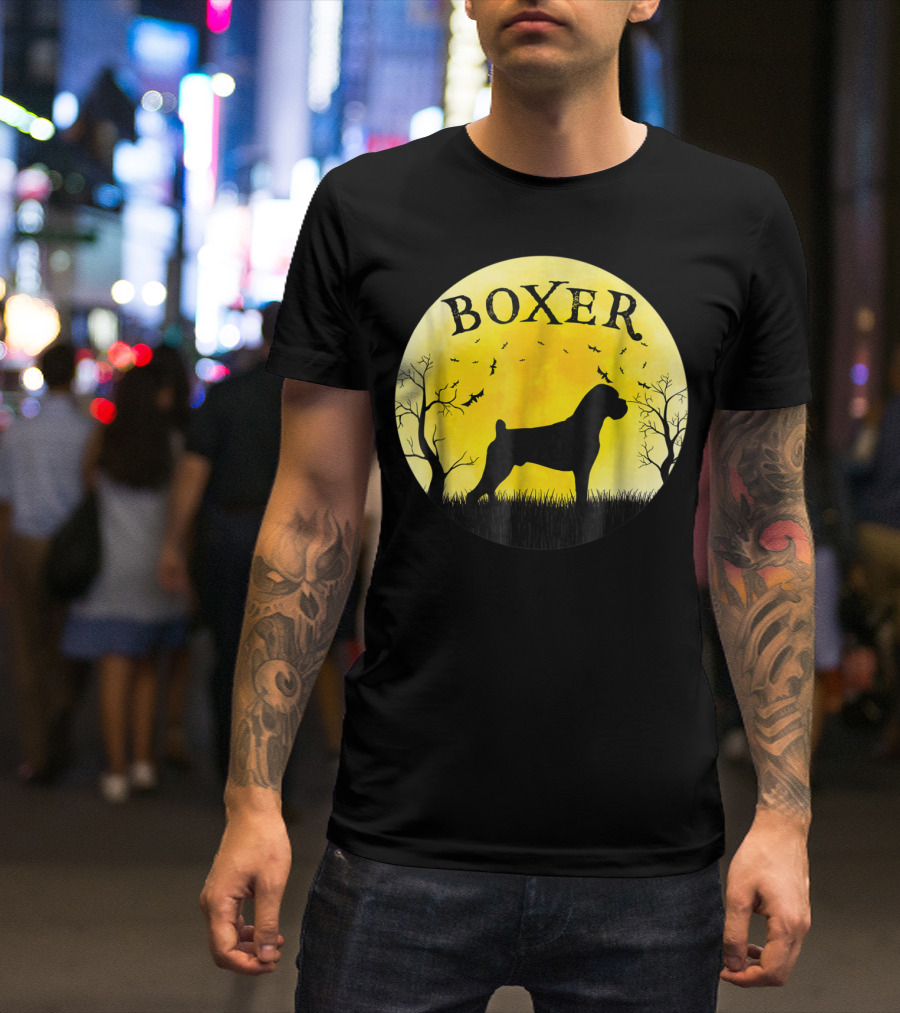 Boxer Dog Full Moon Halloween Bats Trees Vintage T-Shirt
