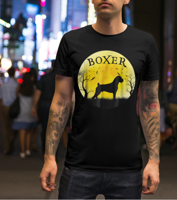 Boxer Dog Full Moon Halloween Bats Trees Vintage T-Shirt