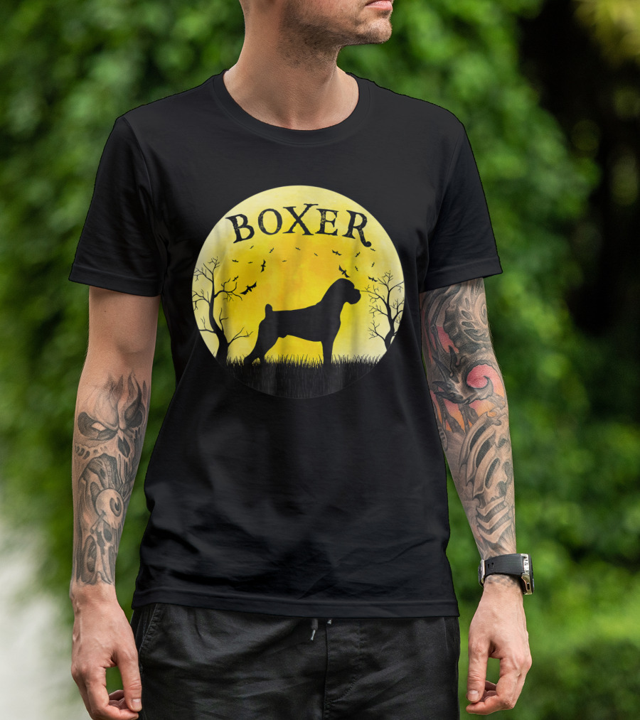 Boxer Dog Full Moon Halloween Bats Trees Vintage T-Shirt