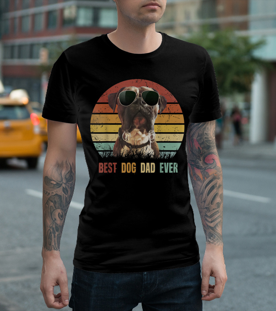 Mens Vintage Best Dog Dad Ever Boxer Dog Sunglasses Retro Sunburst T-Shirt