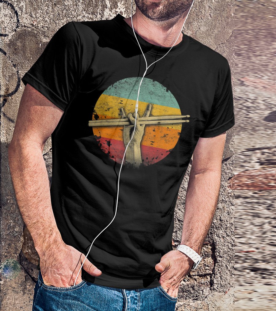 Rock Drummer Hand Sign Drumsticks Percussion Lover Retro Circle T-Shirt