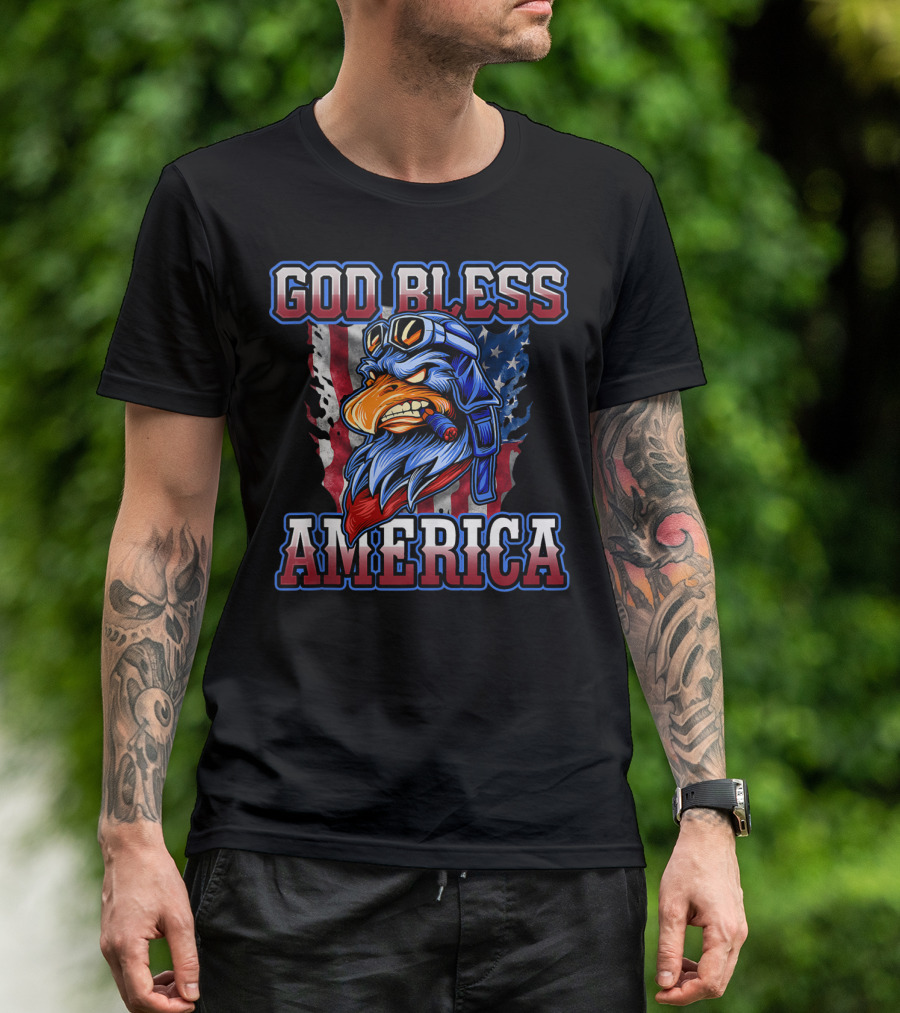 God Bless America Patriotic Eagle With American Flag Helmet And Goggles T-Shirt