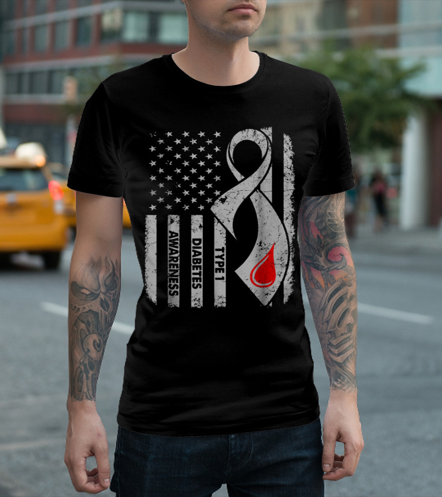 American Flag Type 1 Diabetes Awareness Ribbon With Blood Drop T-Shirt