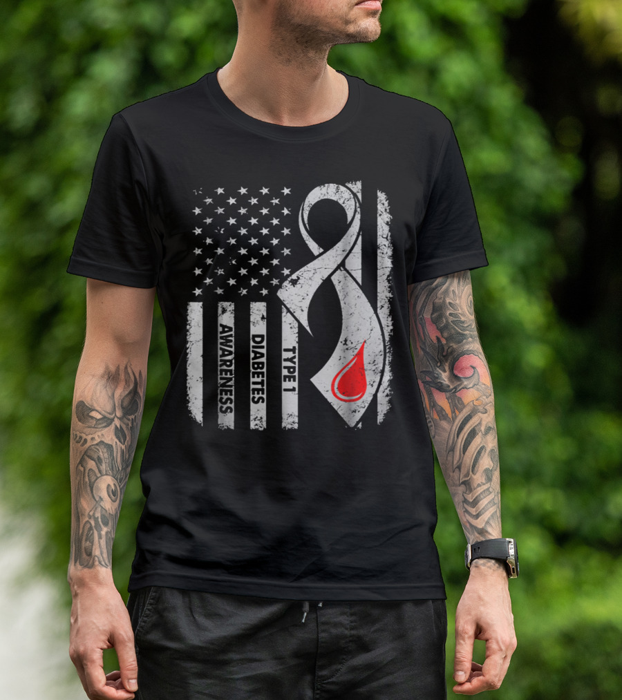American Flag Type 1 Diabetes Awareness Ribbon With Blood Drop T-Shirt