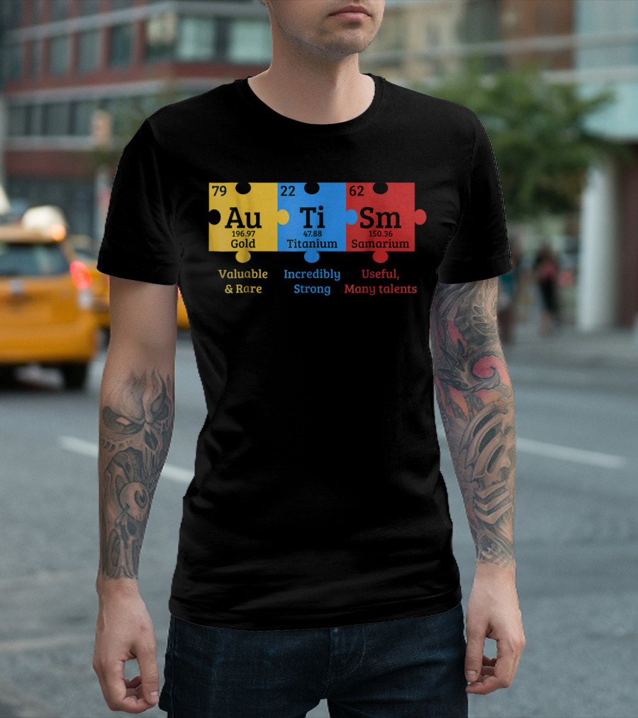 Autism Awareness Gold Titanium Samarium Elements Puzzle T-Shirt
