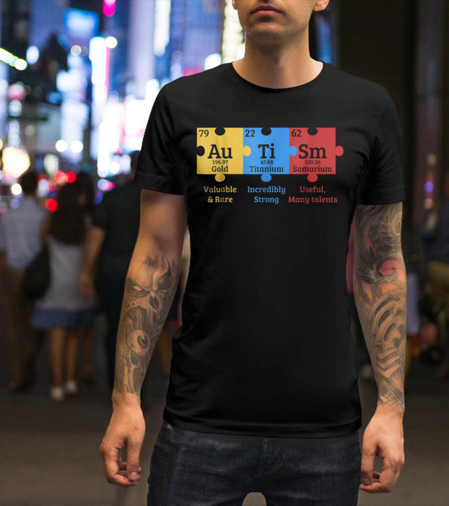 Autism Awareness Gold Titanium Samarium Elements Puzzle T-Shirt