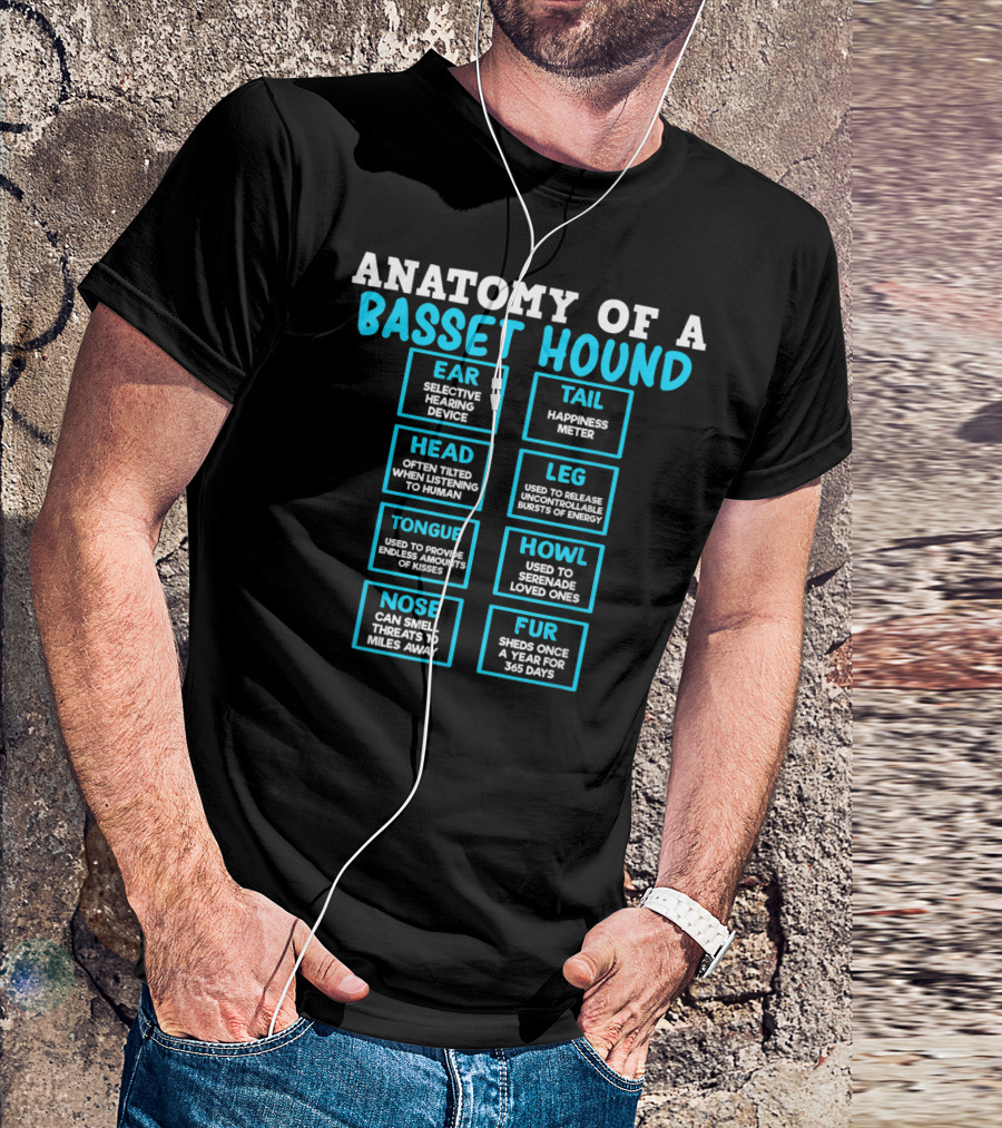 Anatomy Of A Basset Hound Ear Tail Head Leg Tongue Howl Nose Fur T-Shirt