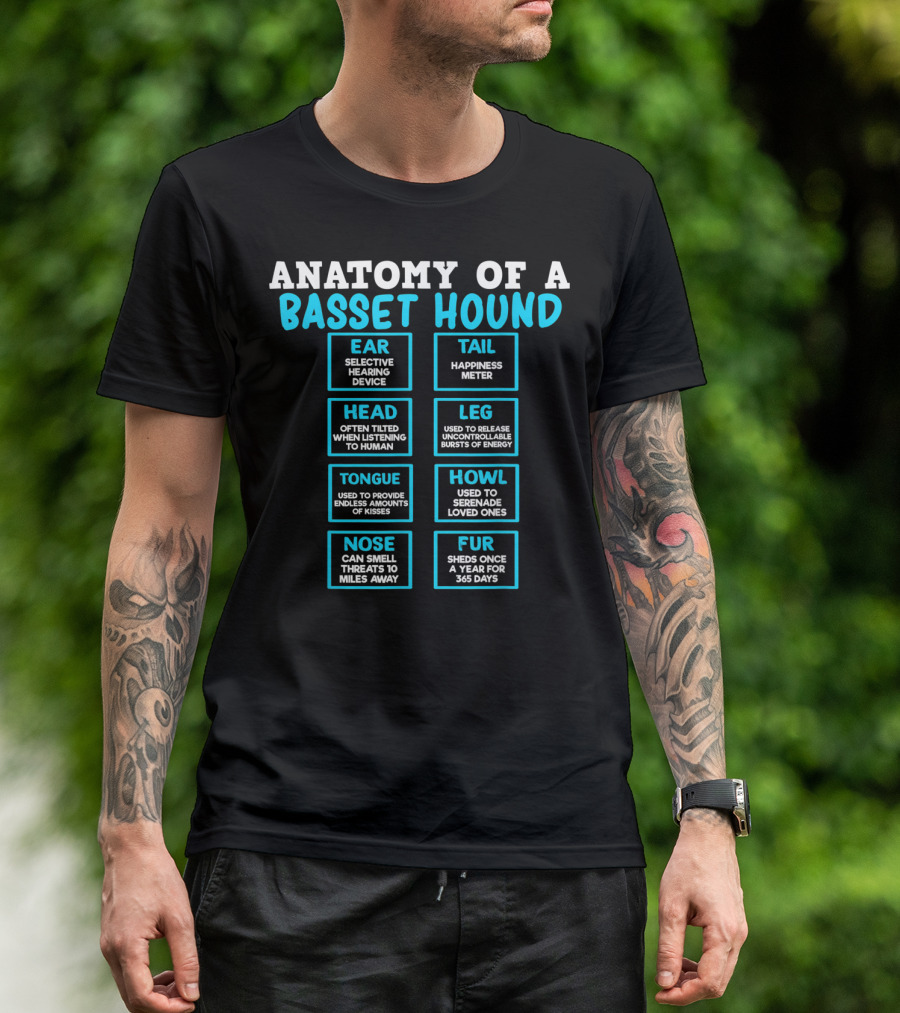 Anatomy Of A Basset Hound Ear Tail Head Leg Tongue Howl Nose Fur T-Shirt