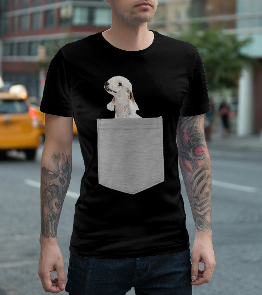 Bedlington Terrier Peeking from Gray Pocket T-Shirt