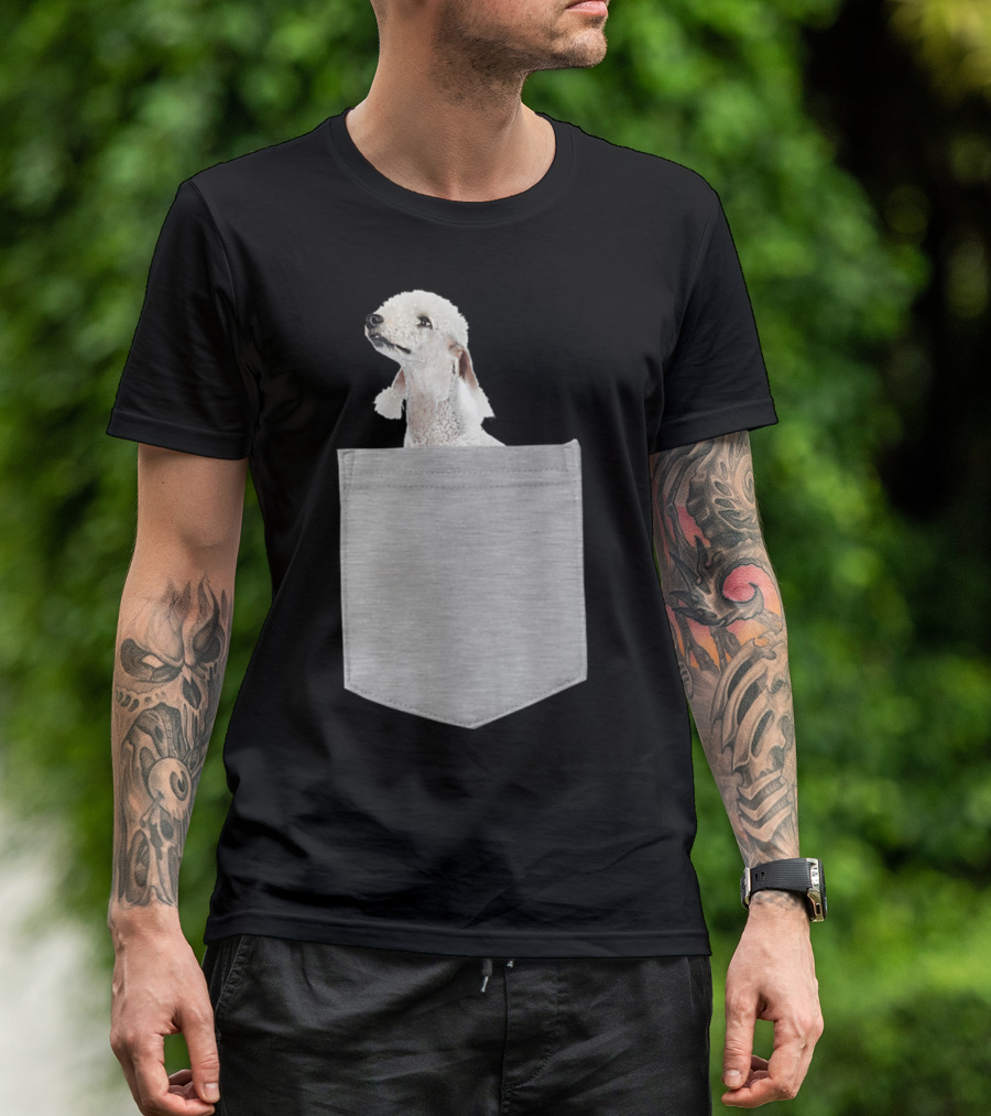 Bedlington Terrier Peeking From Gray Pocket T-Shirt