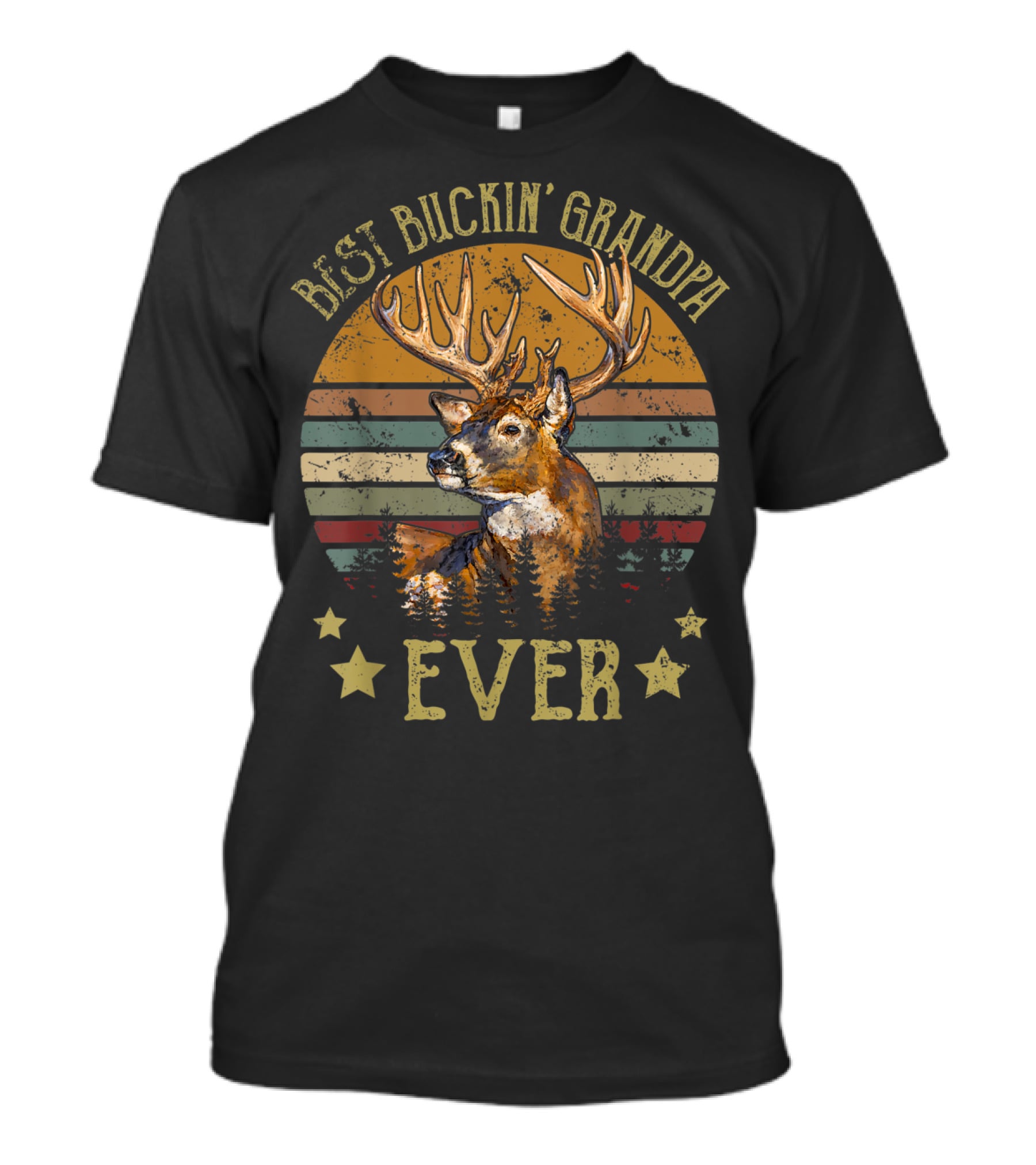 Best Buckin' Grandpa Ever Deer Hunters Vintage Sunset Buck Silhouette Stars T-Shirt