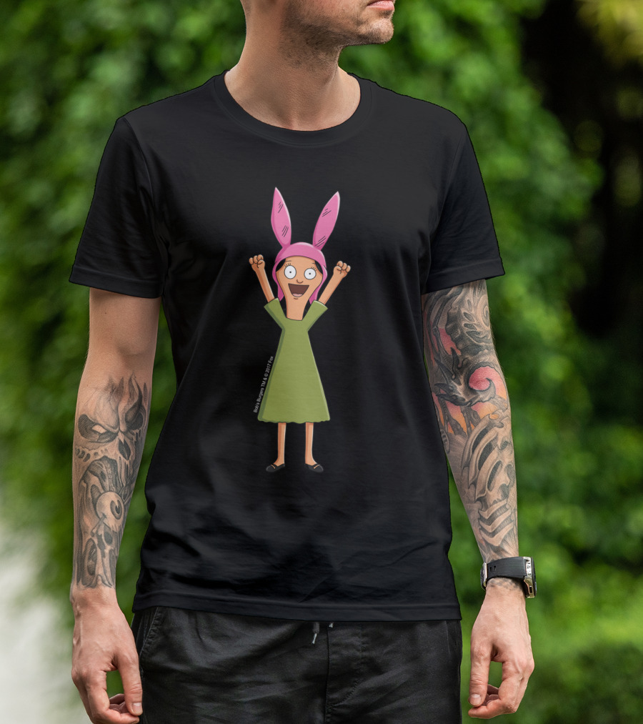 Bob's Burgers Louise Belcher Green Dress Pink Bunny Ears Excited Pose T-Shirt