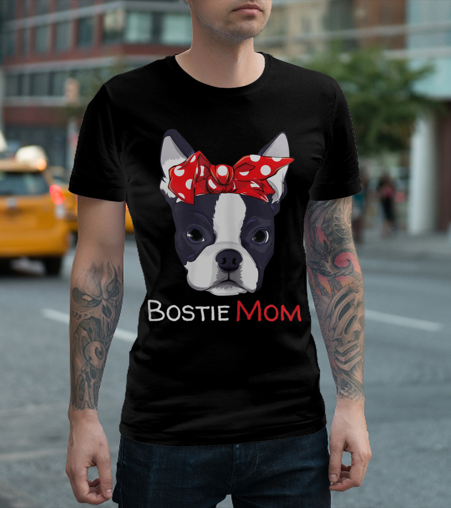 Bostie Mom Boston Terrier with Red Polka Dot Bow T-Shirt