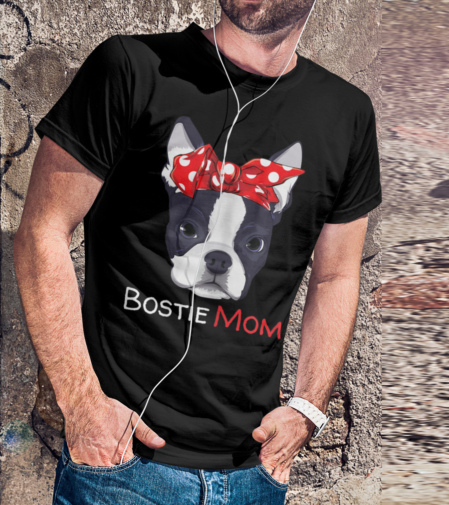 Bostie Mom Boston Terrier With Red Polka Dot Bow T-Shirt