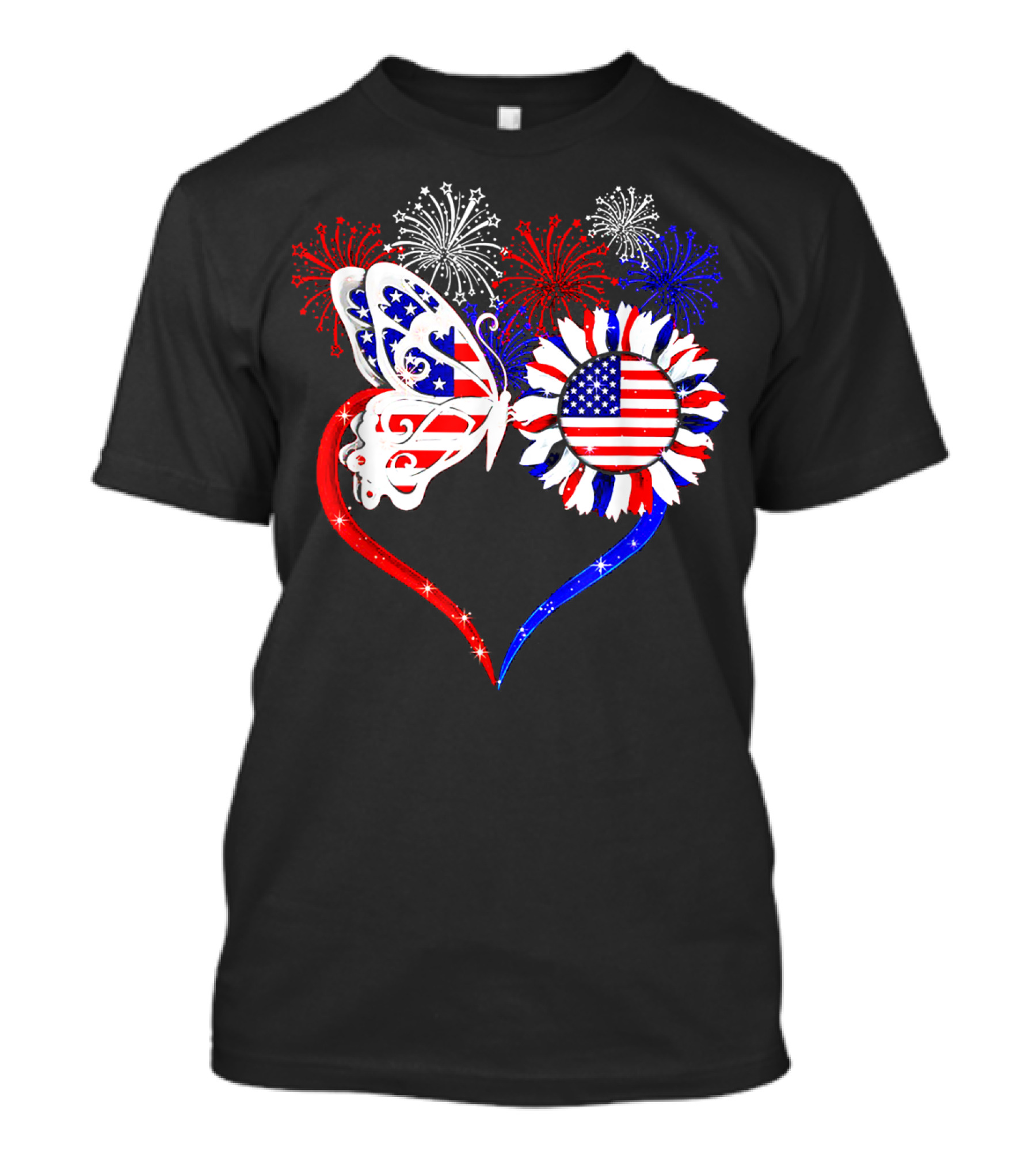 Butterfly Heart Sunflower American Flag 4th July Fireworks T-Shirt