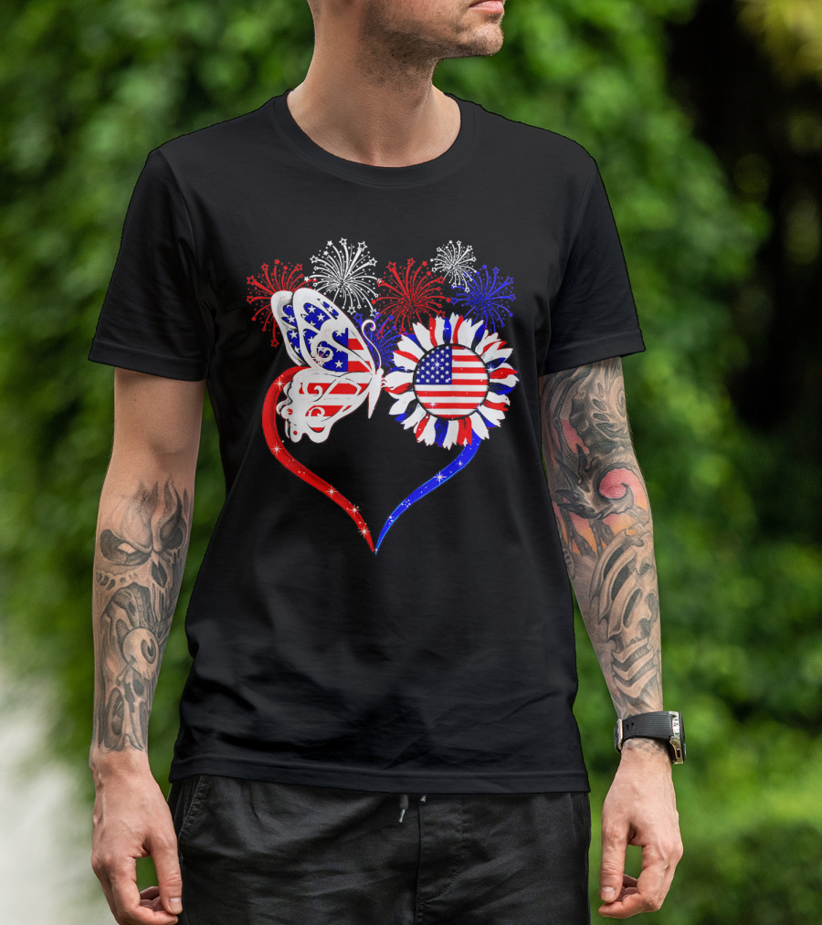 Butterfly Heart Sunflower American Flag 4th July Fireworks T-Shirt