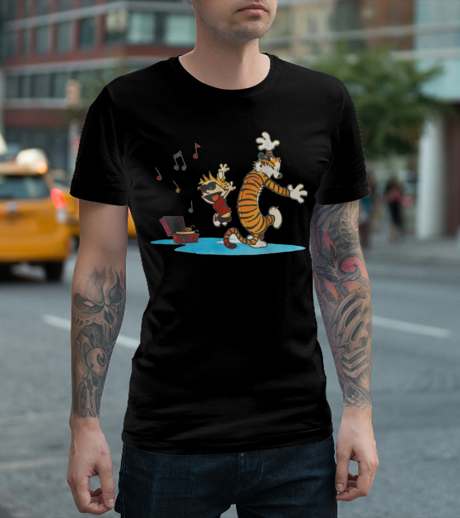 Calvin Dancing with Music Hobbes Vinyl Player T-Shirt