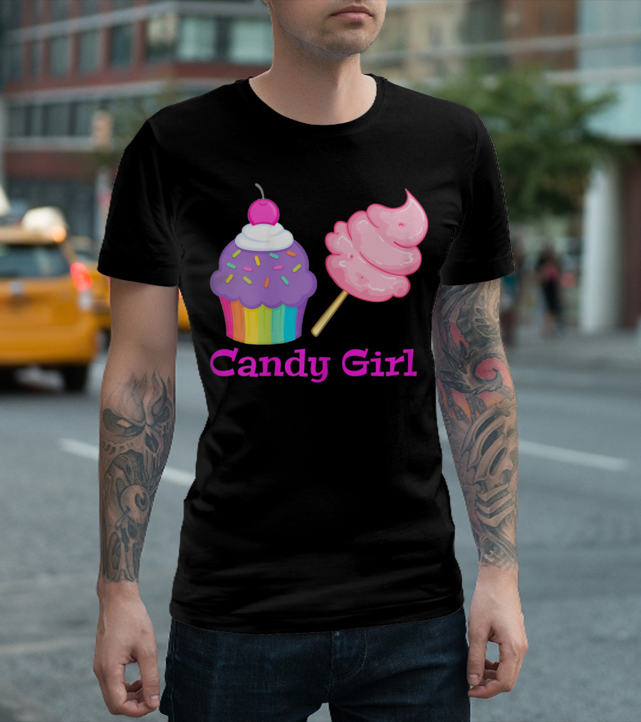 Candy Girl Cupcake and Cotton Candy Rainbow Sprinkles Cherry Top and Pink Swirl T-Shirt