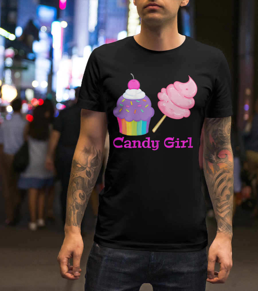 Candy Girl Cupcake And Cotton Candy Rainbow Sprinkles Cherry Top And Pink Swirl T-Shirt
