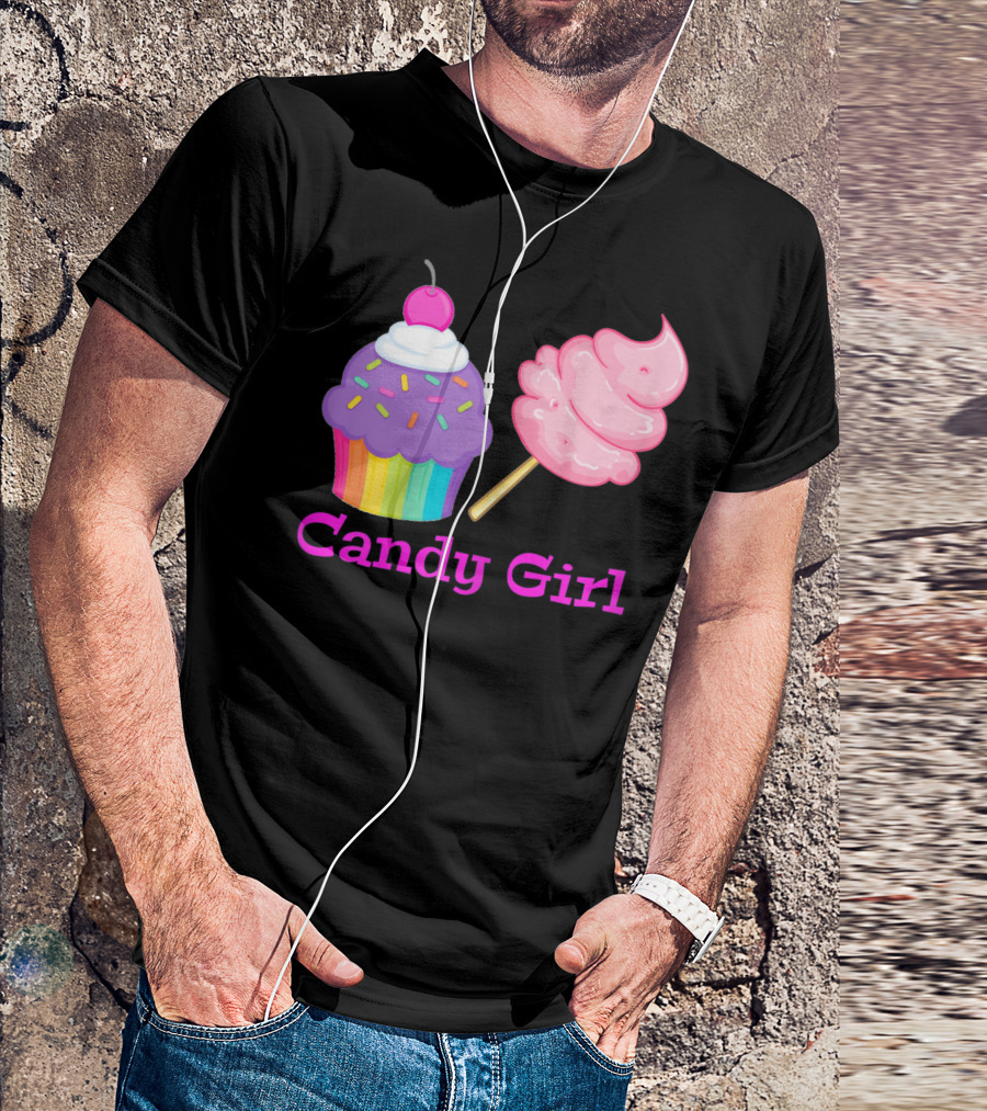 Candy Girl Cupcake And Cotton Candy Rainbow Sprinkles Cherry Top And Pink Swirl T-Shirt