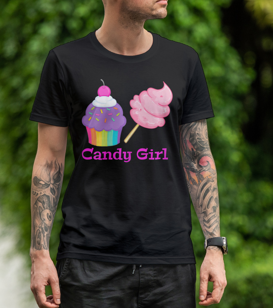 Candy Girl Cupcake And Cotton Candy Rainbow Sprinkles Cherry Top And Pink Swirl T-Shirt