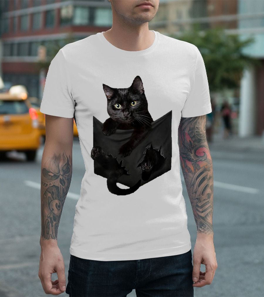 Cat in Pocket Black Cat Inside Pocket Bac Playful T-Shirt