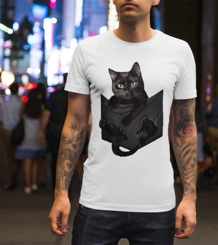 Cat In Pocket Black Cat Inside Pocket Bac Playful T-Shirt