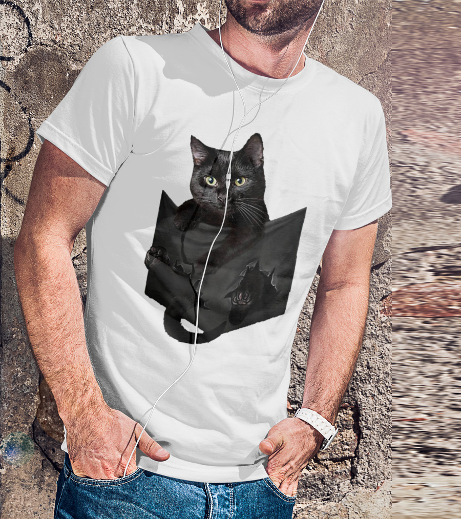 Cat In Pocket Black Cat Inside Pocket Bac Playful T-Shirt