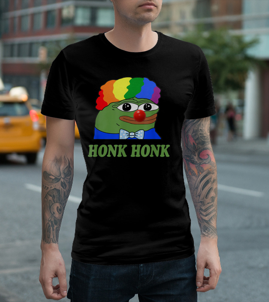 Clown Pepe Honk Honk HONKLER Meme Rainbow Wig Red Nose Bowtie T-Shirt