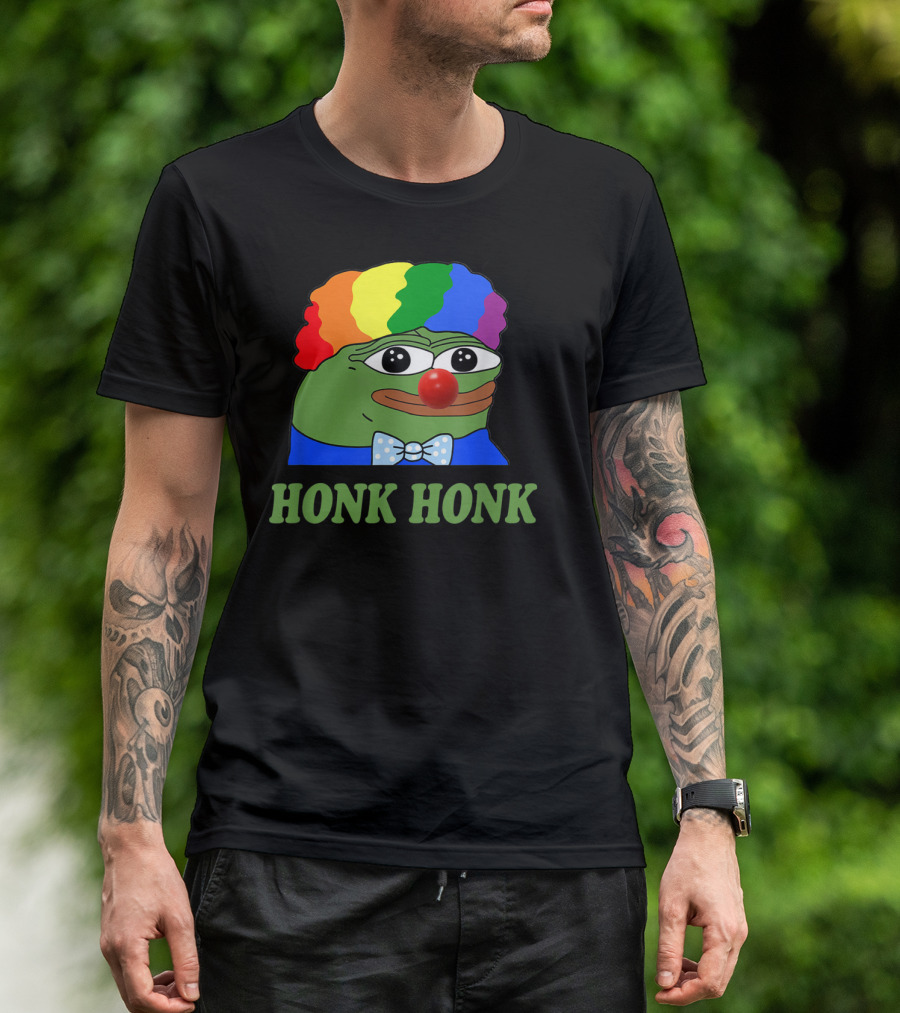 Clown Pepe Honk Honk HONKLER Meme Rainbow Wig Red Nose Bowtie T-Shirt