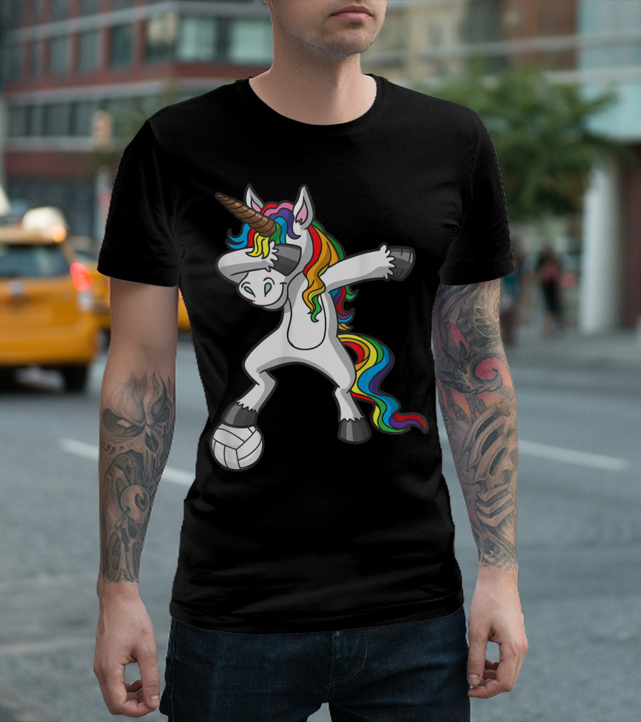 Dabbing Unicorn with Volleyball and Rainbow Mane T-Shirt