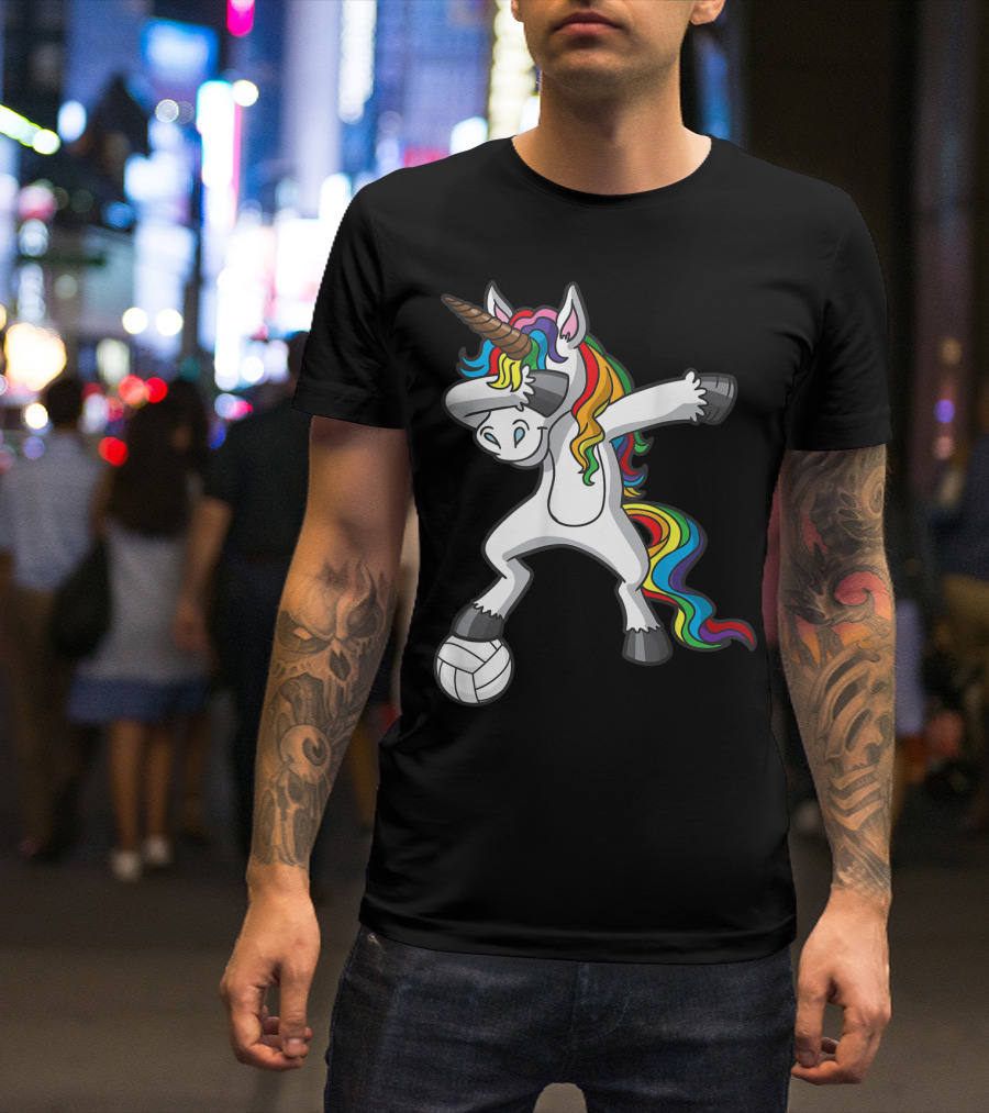 Dabbing Unicorn With Volleyball And Rainbow Mane T-Shirt