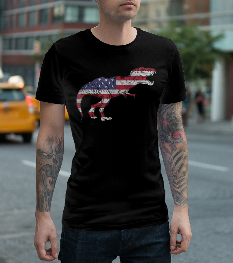Dino USA American Flag Tyrannosaurus Patriotic Dinosaur T-Shirt