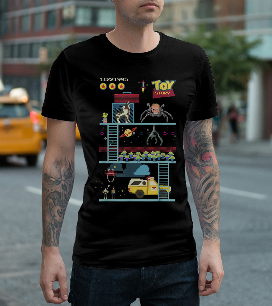 Toy Story 8 Bit Video Game Scene with Retro Pixel Art Adventure T-Shirt