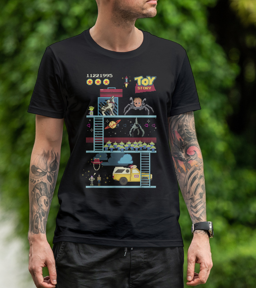 Toy Story 8 Bit Video Game Scene With Retro Pixel Art Adventure T-Shirt