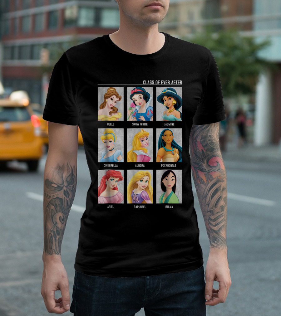 Disney Princesses Class of Ever After Belle Snow White Jasmine Cinderella Aurora Pocahontas Ariel Rapunzel Mulan T-Shirt