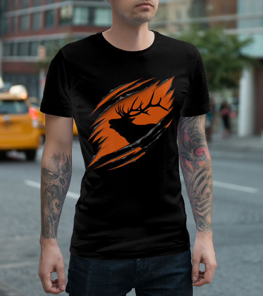 Elk Hunting Silhouette With Tear Marks On Orange T-Shirt