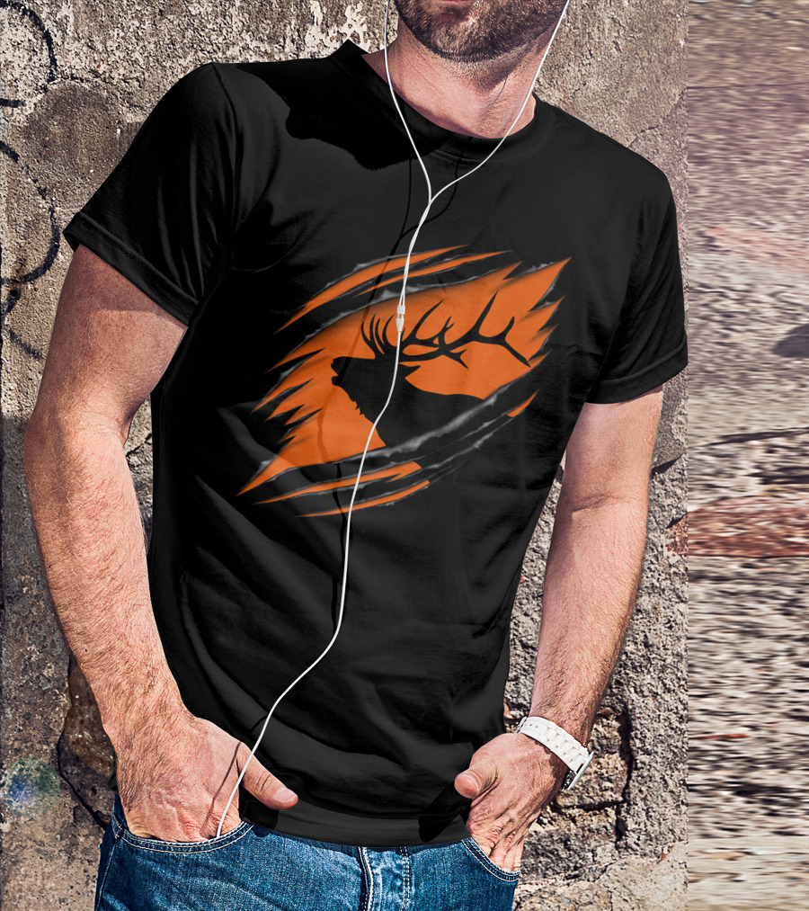 Elk Hunting Silhouette With Tear Marks On Orange T-Shirt