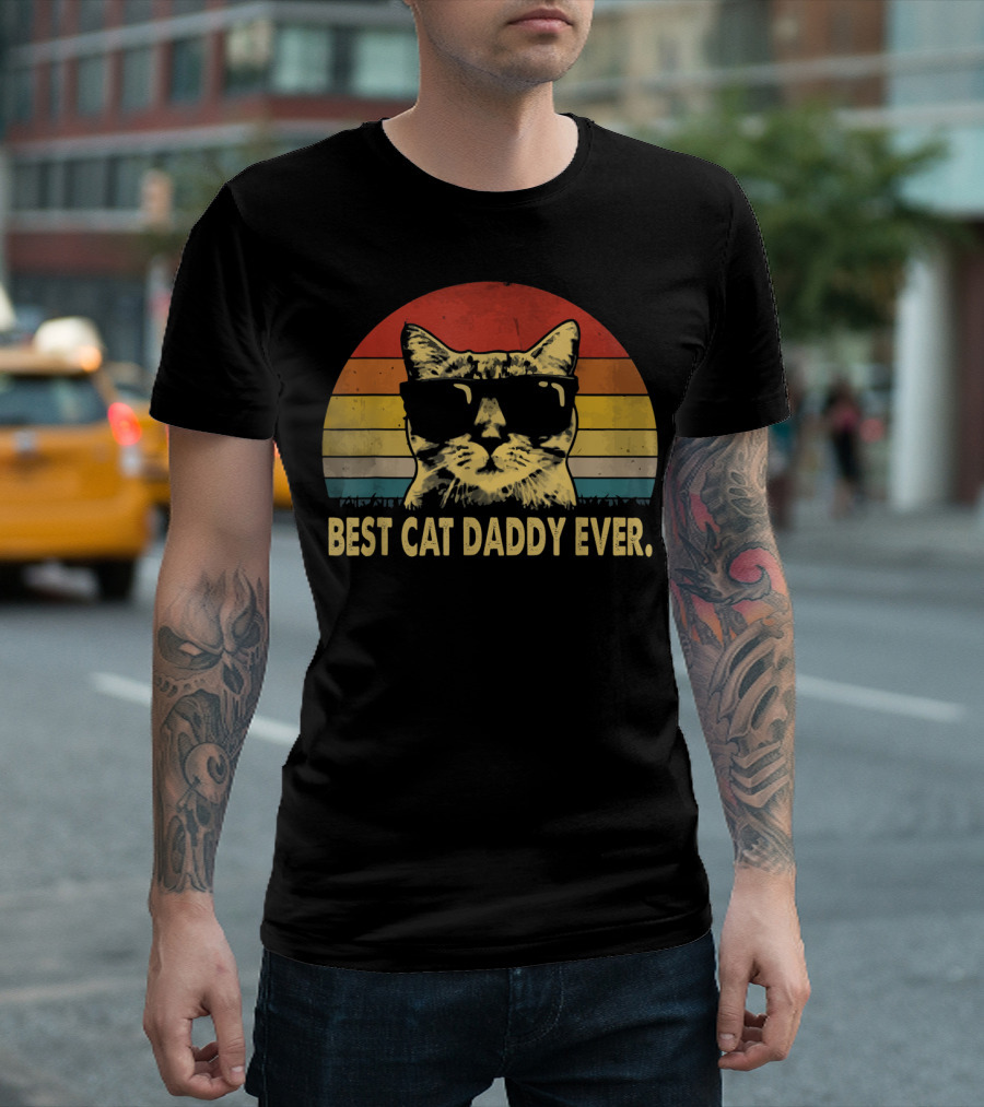 Best Cat Daddy Ever Vintage Sunglasses Cat Retro Stripes T-Shirt
