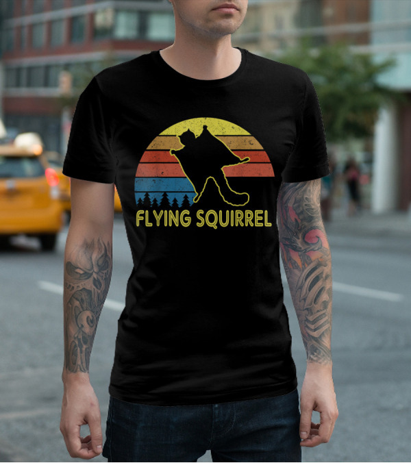 Flying Squirrel Retro Sunset With Silhouette And Forest Stripes T-Shirt