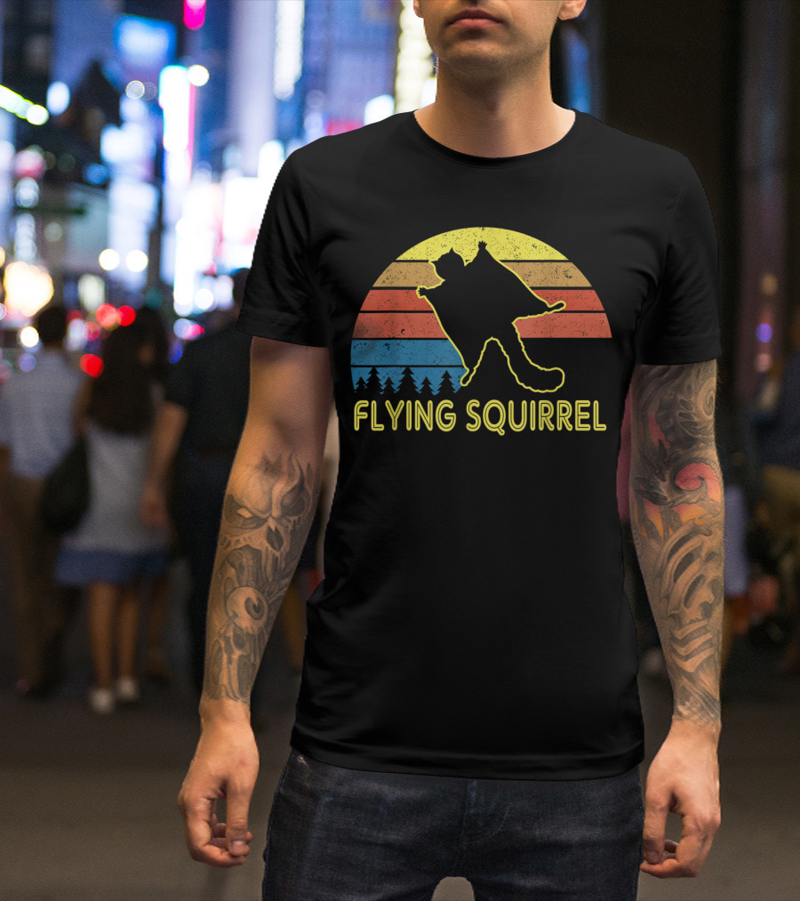 Flying Squirrel Retro Sunset With Silhouette And Forest Stripes T-Shirt