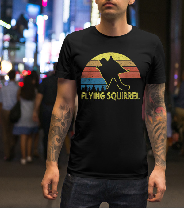 Flying Squirrel Retro Sunset With Silhouette And Forest Stripes T-Shirt