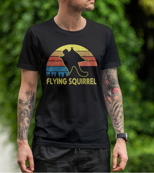 Flying Squirrel Retro Sunset With Silhouette And Forest Stripes T-Shirt