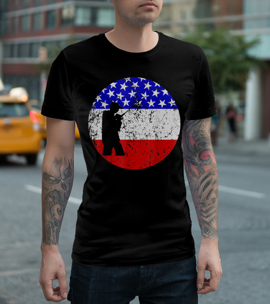 American Flag Vintage Fisherman Silhouette Rustic Retro Fishing T-Shirt