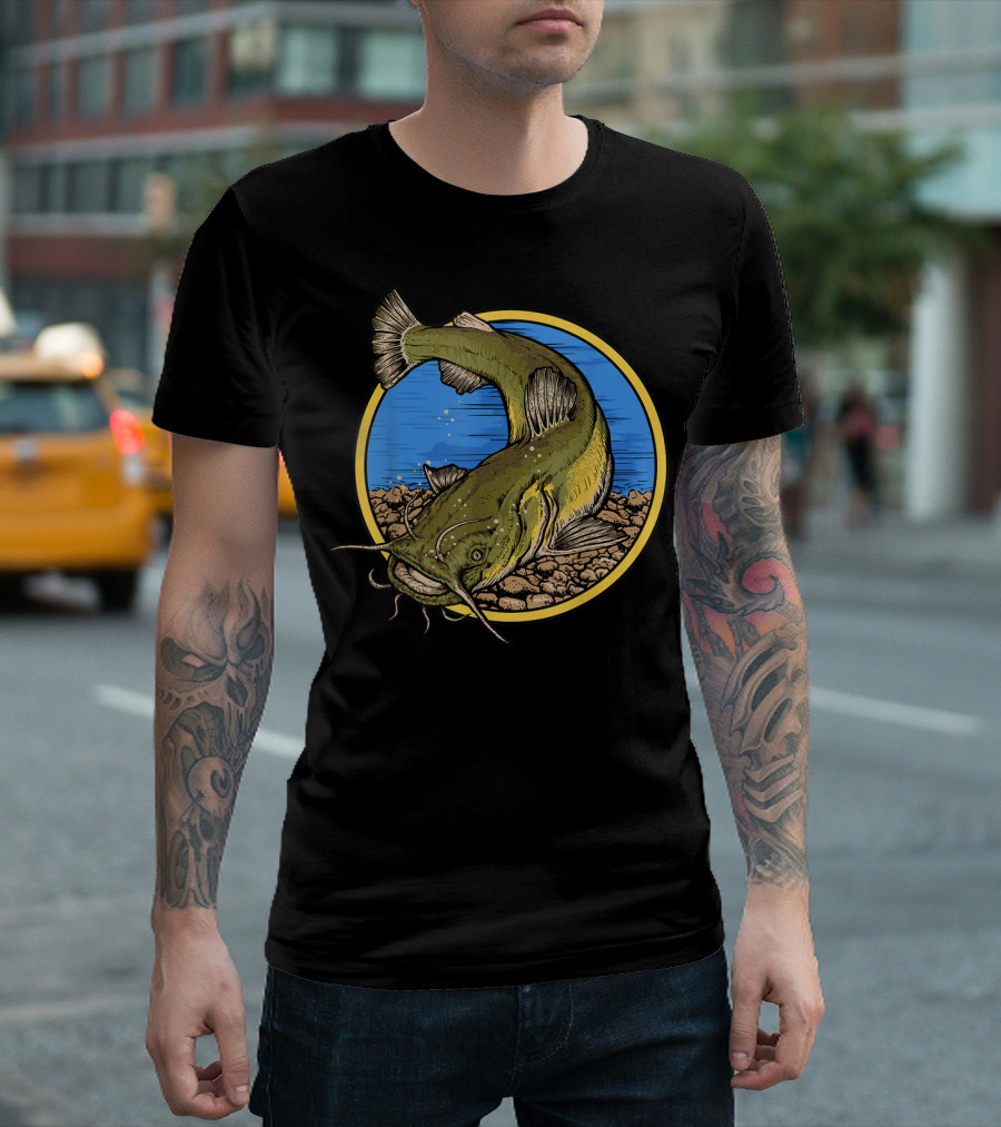 Catfish Fishing Against Colorful Water with Circle Background T-Shirt