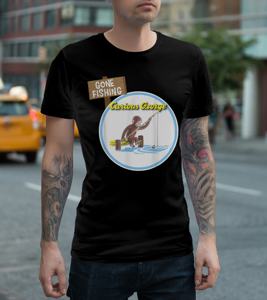 Curious George Gone Fishing Sign and Circle Scene T-Shirt
