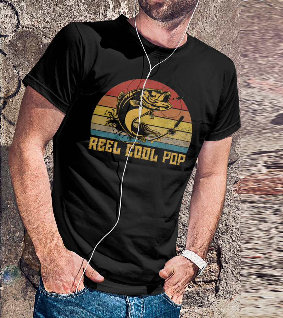 Father's Day Vintage Fishing Reel Cool Pop Retro Bass Sunset T-Shirt