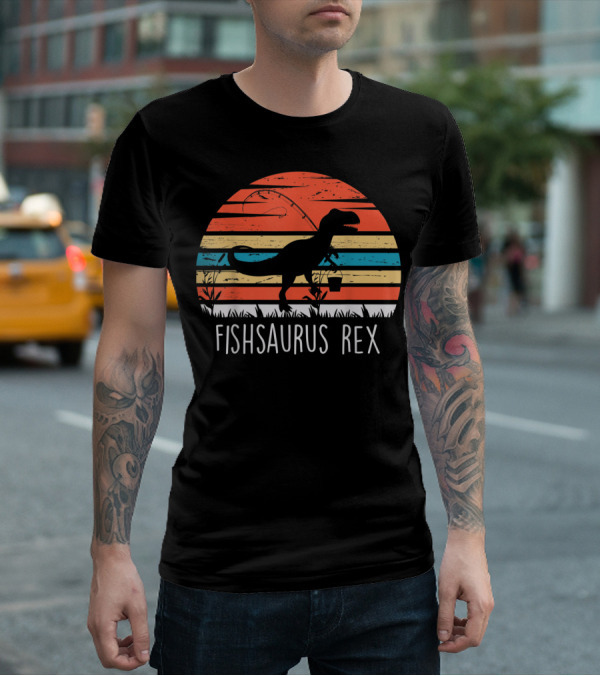 Fathers Day Fishsaurus Rex Dinosaur Fishing Vintage Sunset T-Shirt