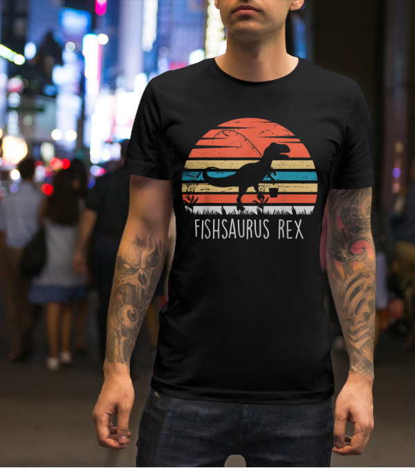 Fathers Day Fishsaurus Rex Dinosaur Fishing Vintage Sunset T-Shirt